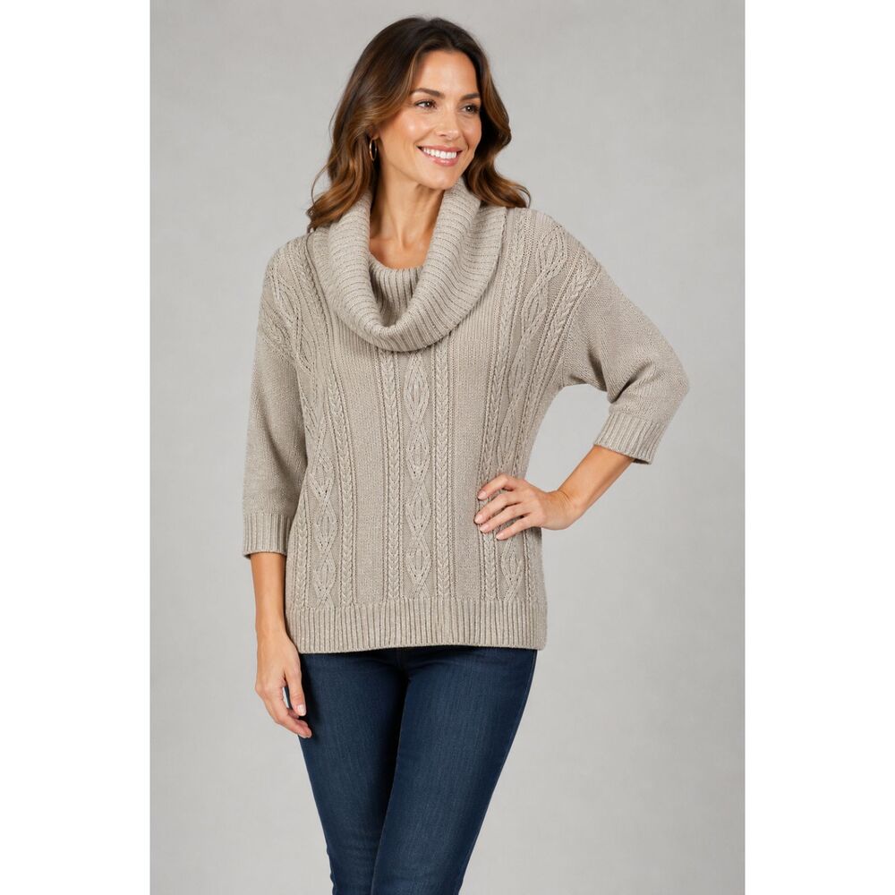 New Belldini Women Taupe Silver Sweater Sz 1X Cowl Neck Ribbed Cable Knit Top T3